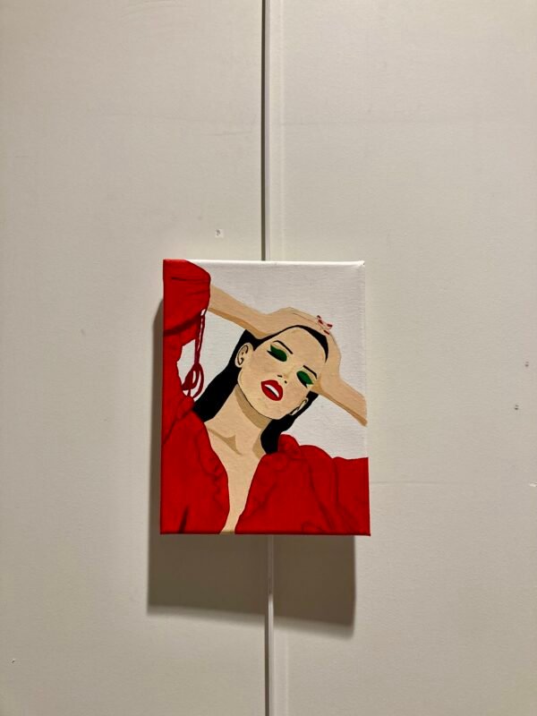 Peinture sur toile de 18x24 cm avec une femme rayonne en rouge pétant. Une représentation artistique de l'énergie et de la sensualité