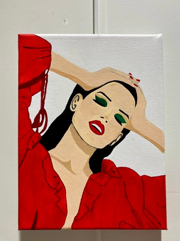 Peinture sur toile de 18x24 cm avec une femme rayonne en rouge pétant. Une représentation artistique de l'énergie et de la sensualité