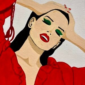 Peinture sur toile de 18x24 cm avec une femme rayonne en rouge pétant. Une représentation artistique de l'énergie et de la sensualité