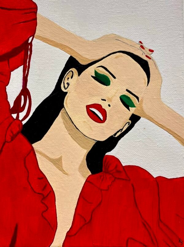 Peinture sur toile de 18x24 cm avec une femme rayonne en rouge pétant. Une représentation artistique de l'énergie et de la sensualité